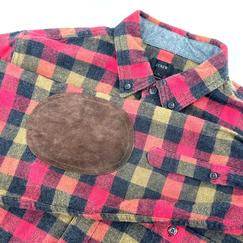 J.Crew Flannel Shirt Mens M Red Plaid Buffalo Check Wool Blend Leather Elbows